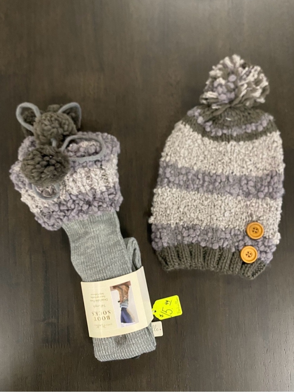 Simply Noelle Gray and Lilac Striped Knit Pom-Pom Beanie with Buttons